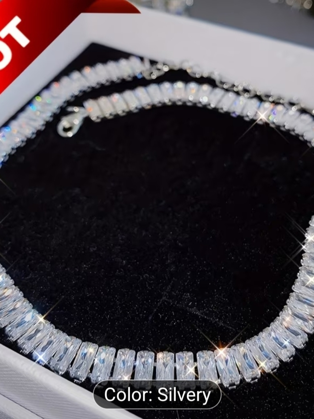 Silver Crystal Baguette Tennis Necklace - Women's Sparkling Jewelry - Picture 5 of 11